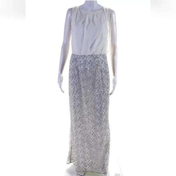 Aidan Mattox White Silver Sequin Gown, Sz 8, EUC